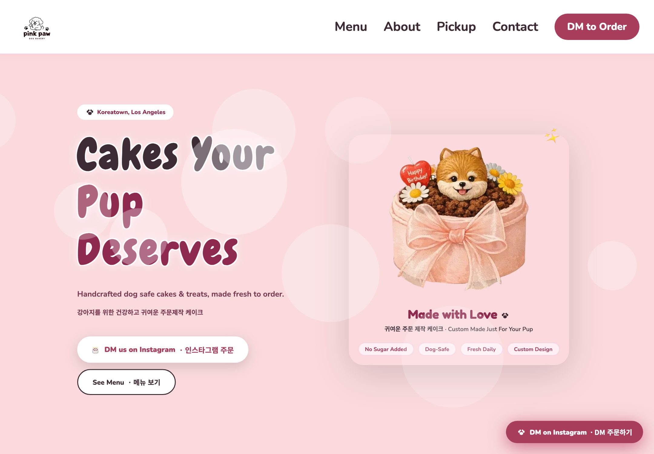 Homepage of the Pink Paw Dog Bakery website built by Hyper Vision Co.